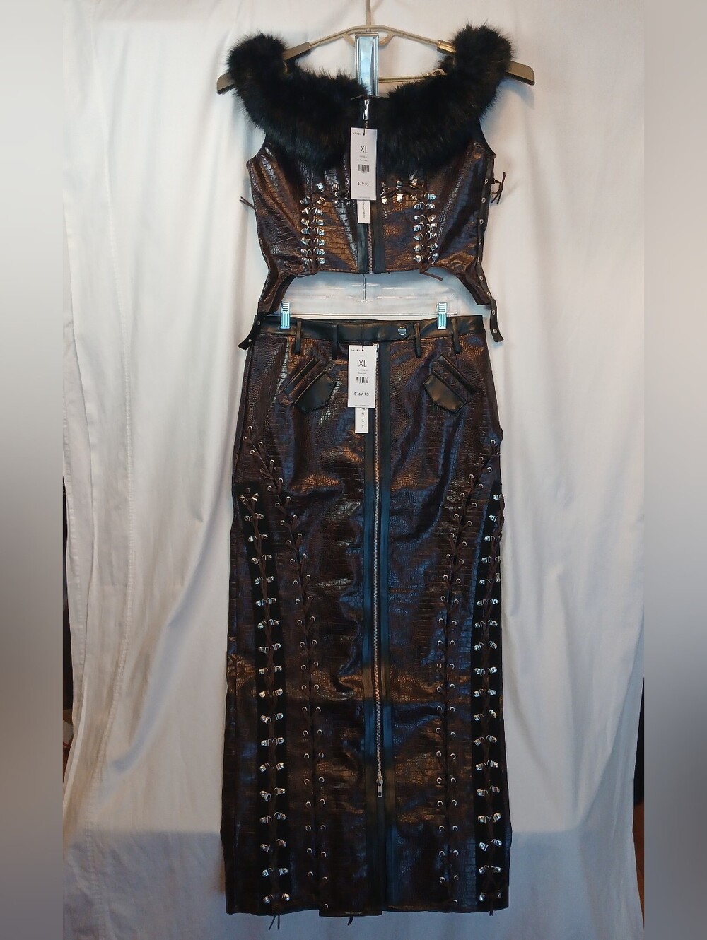 Brown & Black Faux Leather Strappy Lace Up Off Shoulder Top & Maxi Skirt Set XL